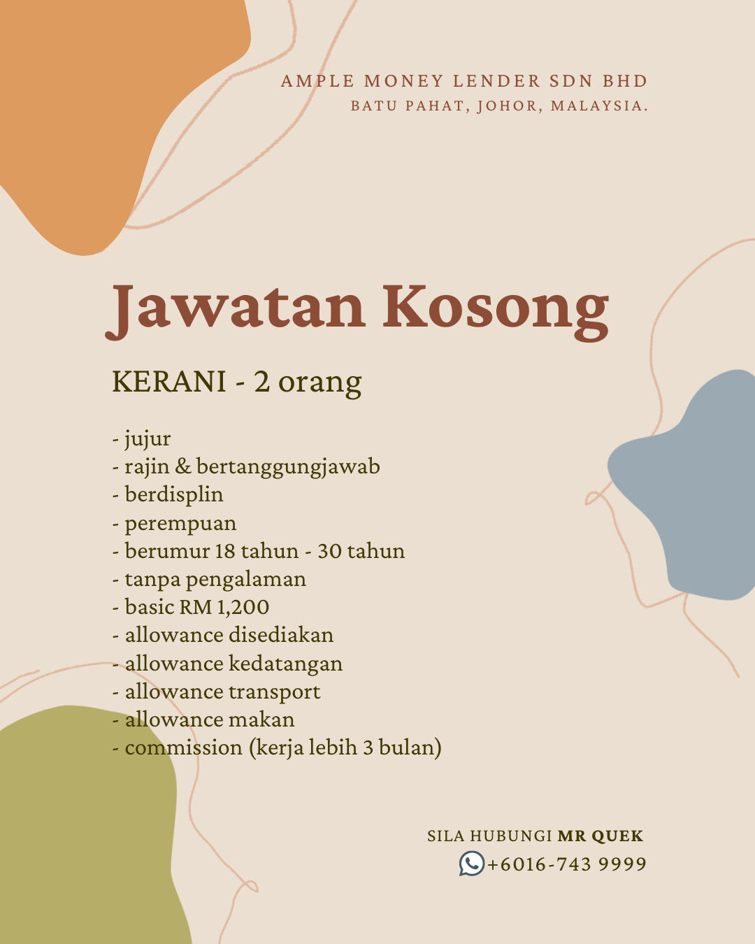 Jawatan Kosong Kerani Batu Pahat Job Vacancy Clerk Batu Pahat Ample Money Lender Sdn Bhd A02